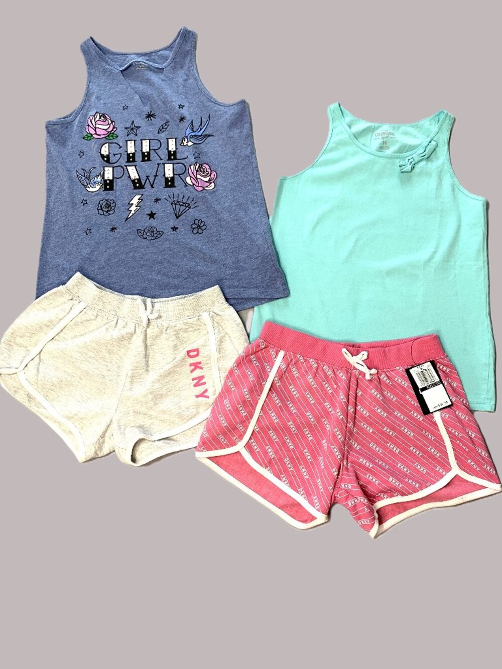 4 Piece Girl Set 2 DKNY Shorts 2 Tank Tops Children's Place Osh Kosh Size 14-16